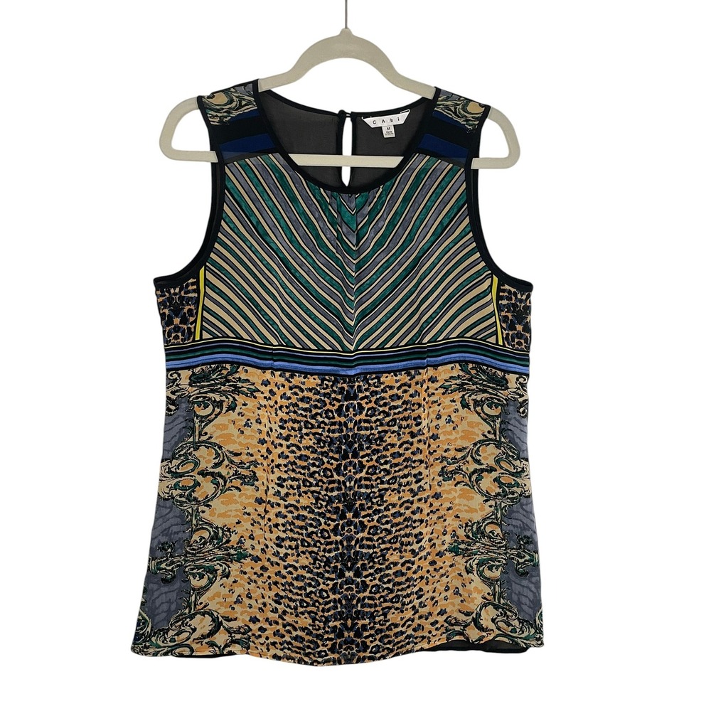 Cabi Mixed Print Sleeveless Top M Leopard Chevron Geometric Sheer Back 565